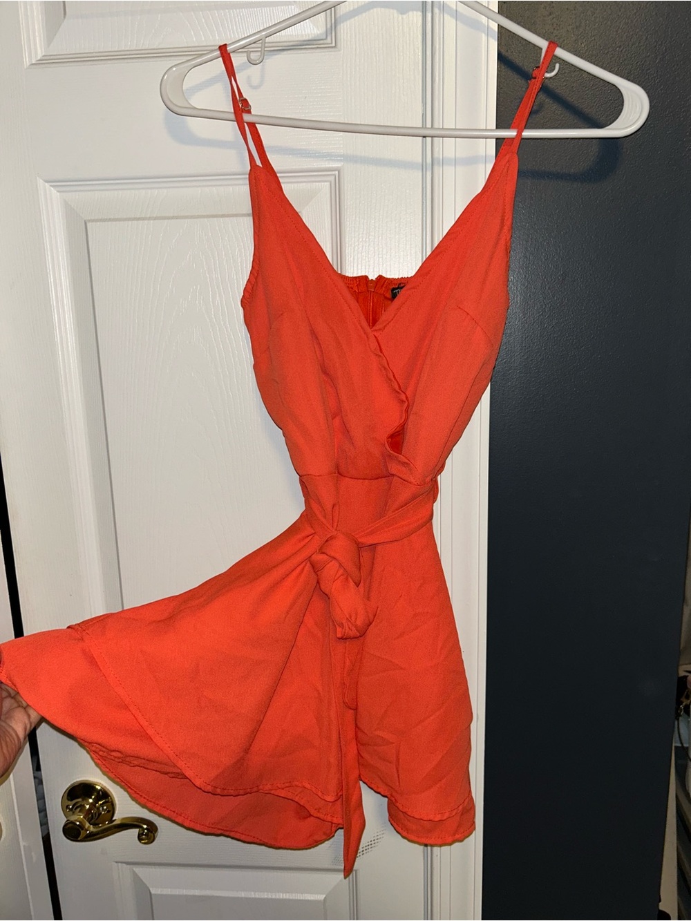 Spaghetti Strap Orange Wrap ROMPER with Waist Tie